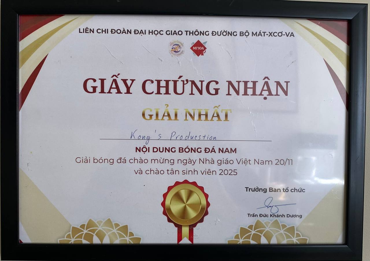 Chứng nhận Giải Nhất – Giải bóng đá sinh viên 2025 (Đại học Giao thông Đường bộ Moscow)